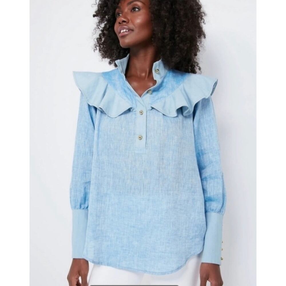 Tuckernuck Mirabella Ruffle Bib Linen Blouse Chambray NWT size XXS